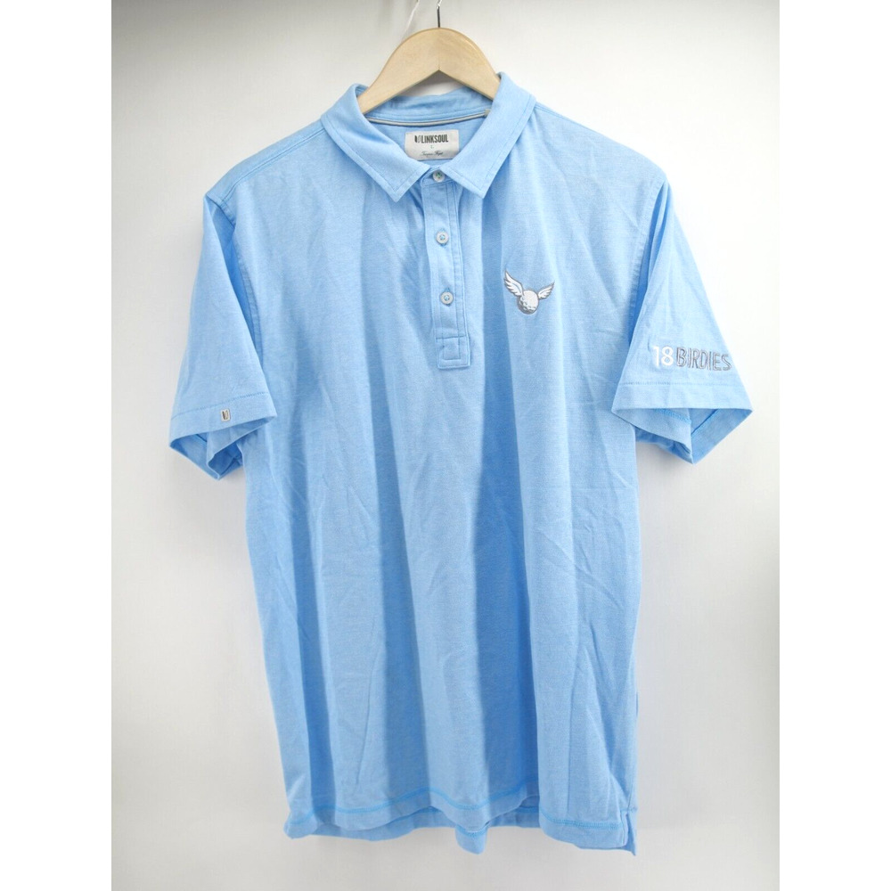 Linksoul Men Polo Shirt Size L Golf‎ Short Sleeve Dry-Tech Blue Tempus Fugit
